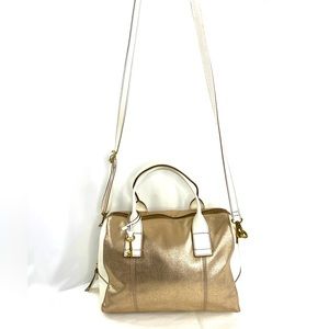 Fossil Cream Metallic Gold Leather Color Block Medium Crossbody Bag Purse 1770